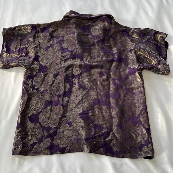 Vintage 90s Tahari Silk Blend Purple Blouse with Gold Flowers - Picture 3 of 9